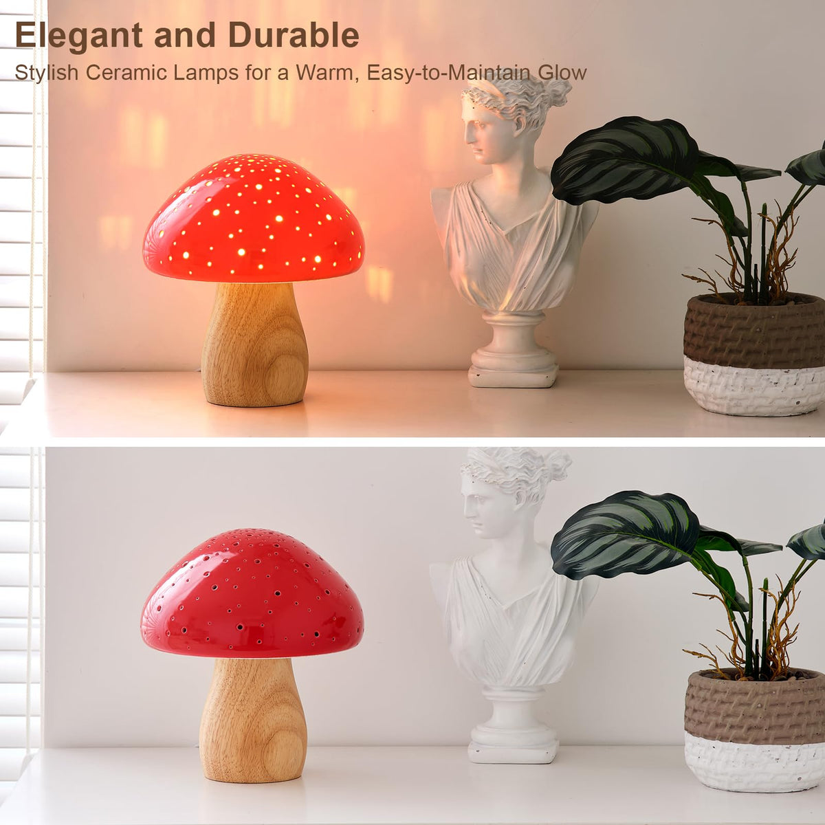 BOHON Mushroom Lamp Ceramic Bedside Table Lamp for Bedroom Nightstand