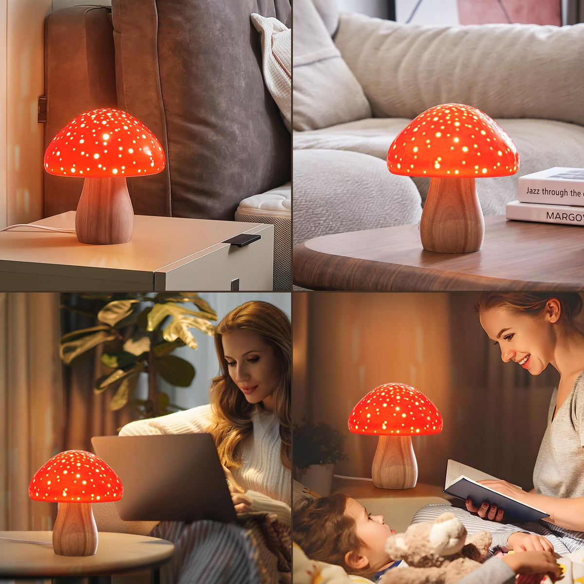 BOHON Mushroom Lamp Ceramic Bedside Table Lamp for Bedroom Nightstand