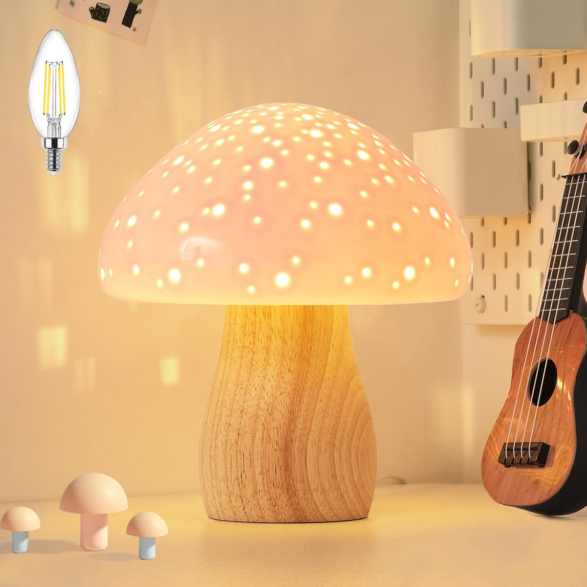 BOHON Mushroom Lamp Ceramic Bedside Table Lamp for Bedroom Nightstand