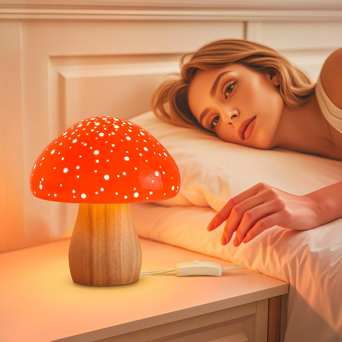 BOHON Mushroom Lamp Ceramic Bedside Table Lamp for Bedroom Nightstand