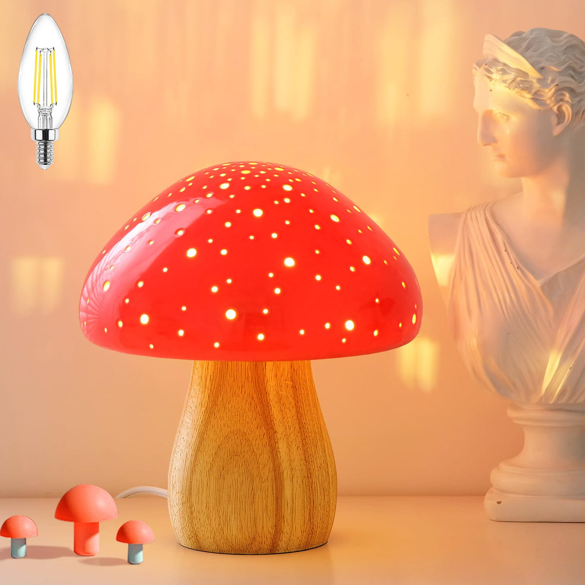 BOHON Mushroom Lamp Ceramic Bedside Table Lamp for Bedroom Nightstand