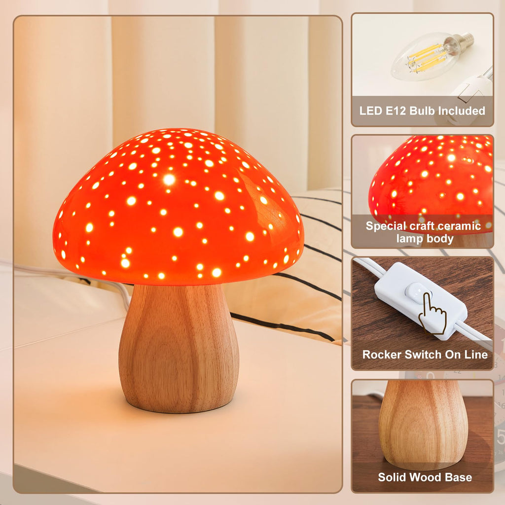 BOHON Mushroom Lamp Ceramic Bedside Table Lamp for Bedroom Nightstand