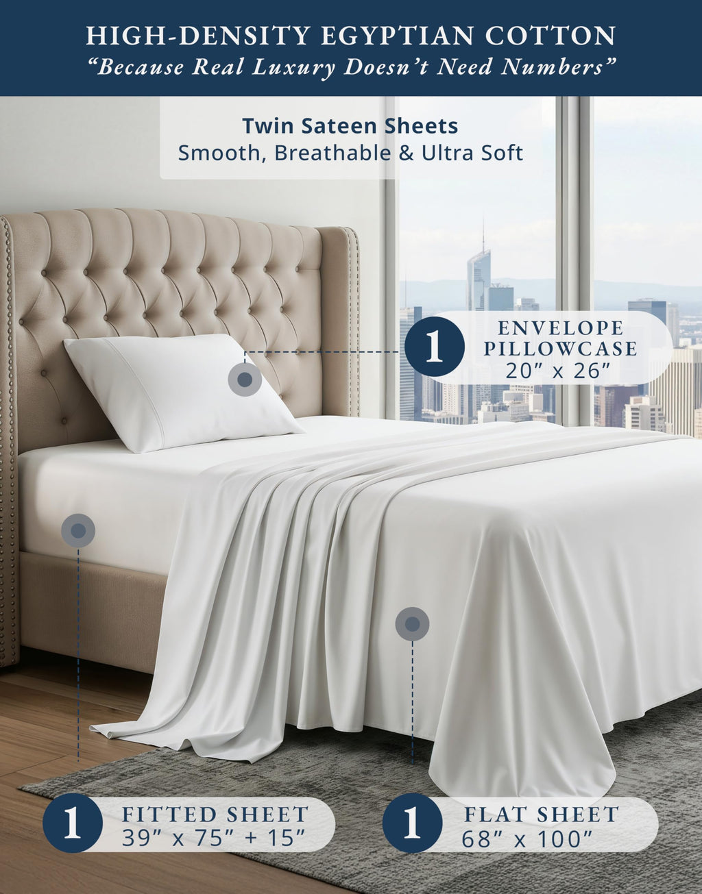 Egyptian Cotton Sateen Sheet Set with Fully Elasticized Fitted Sheet